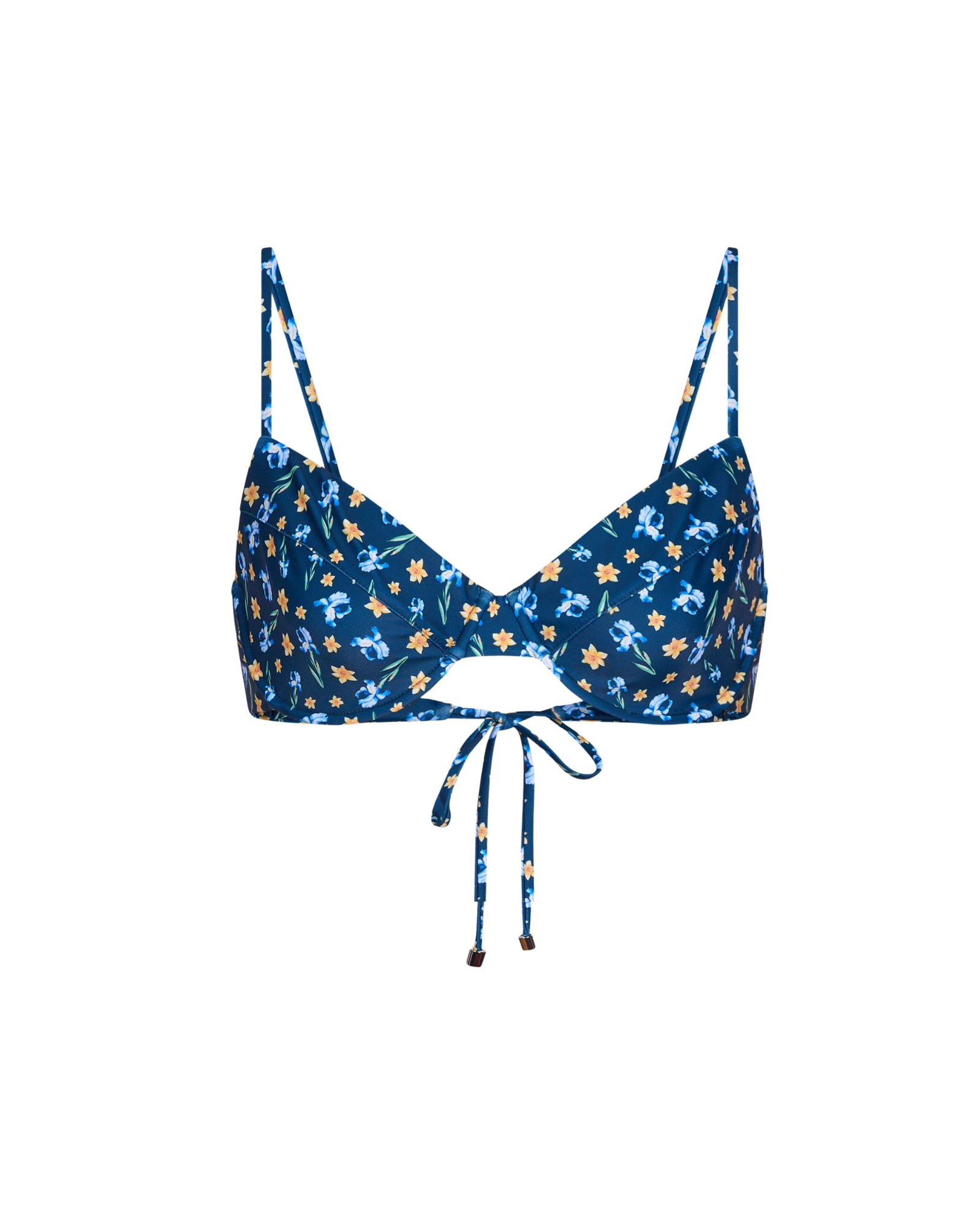 Close up picture of bikini top blooming blue with white background