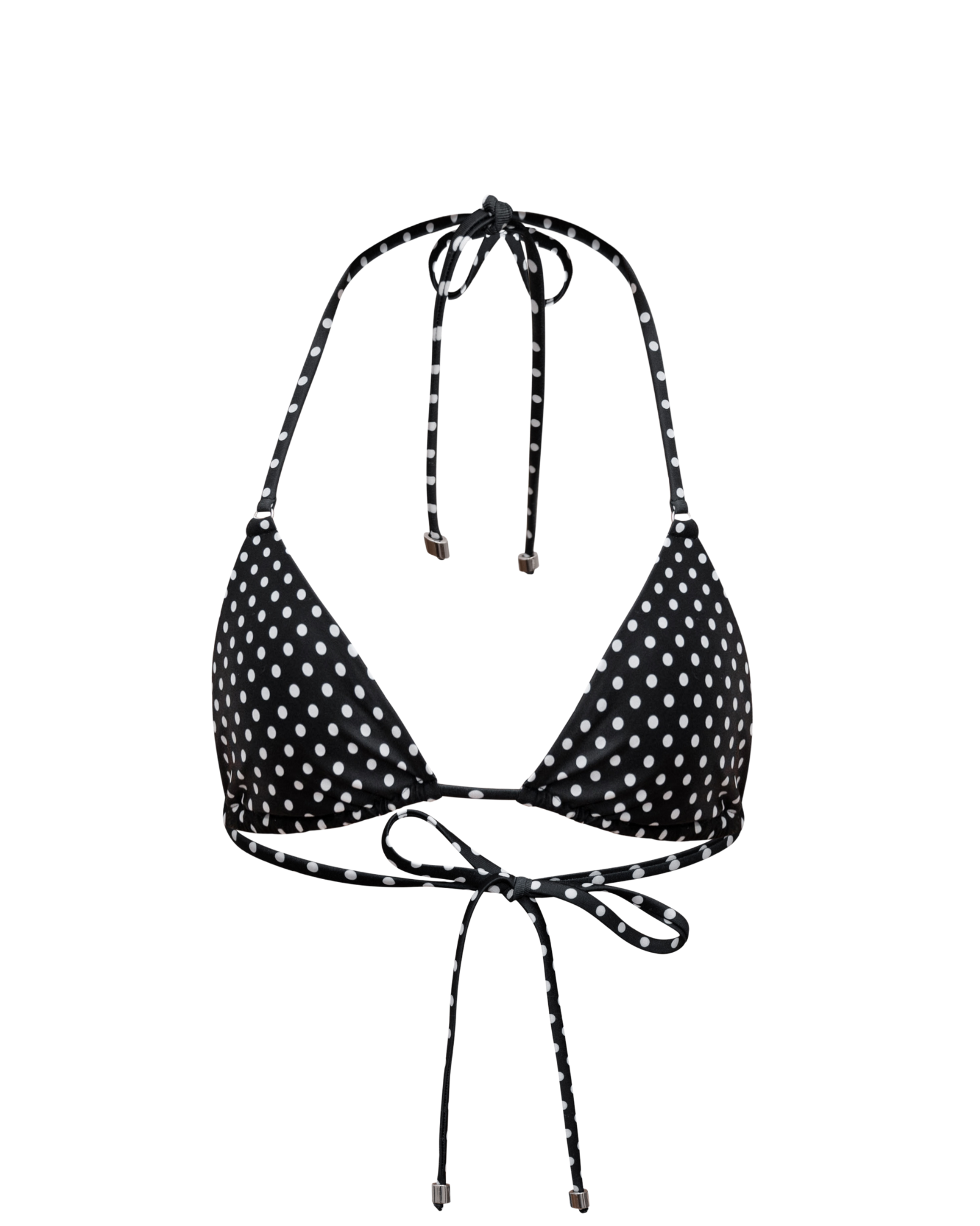 Black and white polka dot triangle spaghetti string bikini top render with silver hardware on a white background