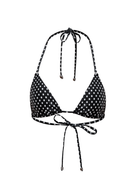 Black and white polka dot triangle spaghetti string bikini top render with silver hardware on a white background