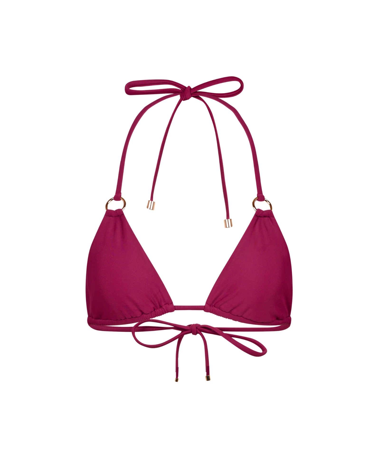 Raspberry cherry matte triangle bikini top with straps on a white background