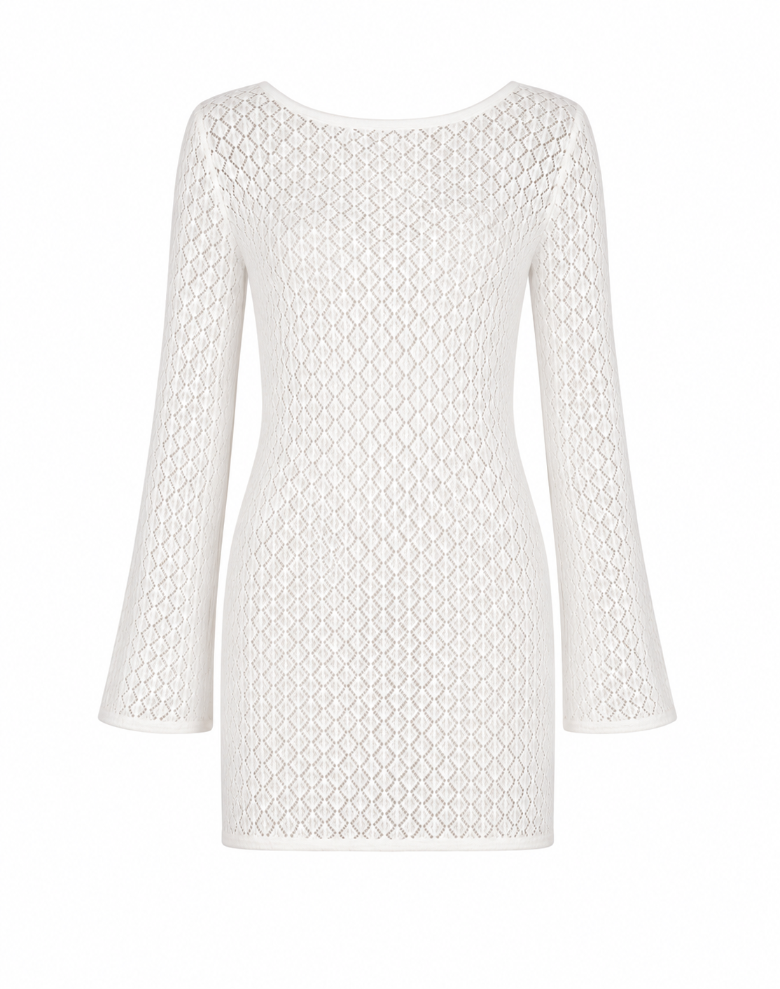 A mini dress with a textured, openwork geometric diamond pattern, shown against a plain white background.