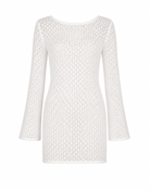 A mini dress with a textured, openwork geometric diamond pattern, shown against a plain white background.