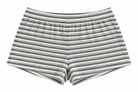 A pair of women's shorts featuring a horizontal striped pattern in gray, and off-white, displayed flat against a white background.