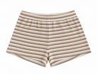 A pair of high-waisted shorts with a horizontal striped pattern in beige, brown, and white, shown flat against a white background.