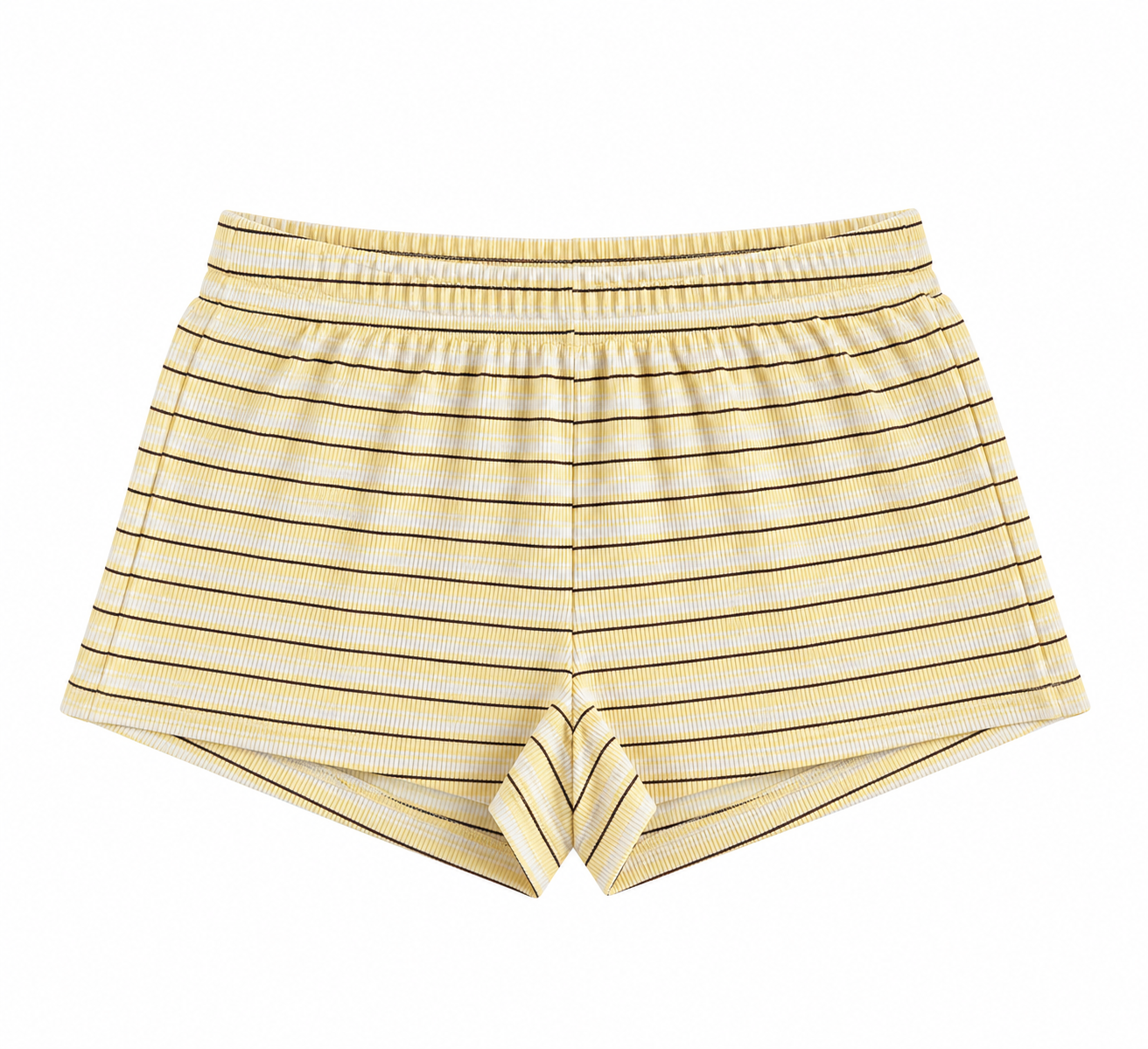 A pair of short featuring a horizontal stripe pattern in yellow and white, with thin black accent stripes, shown flat against a white background.