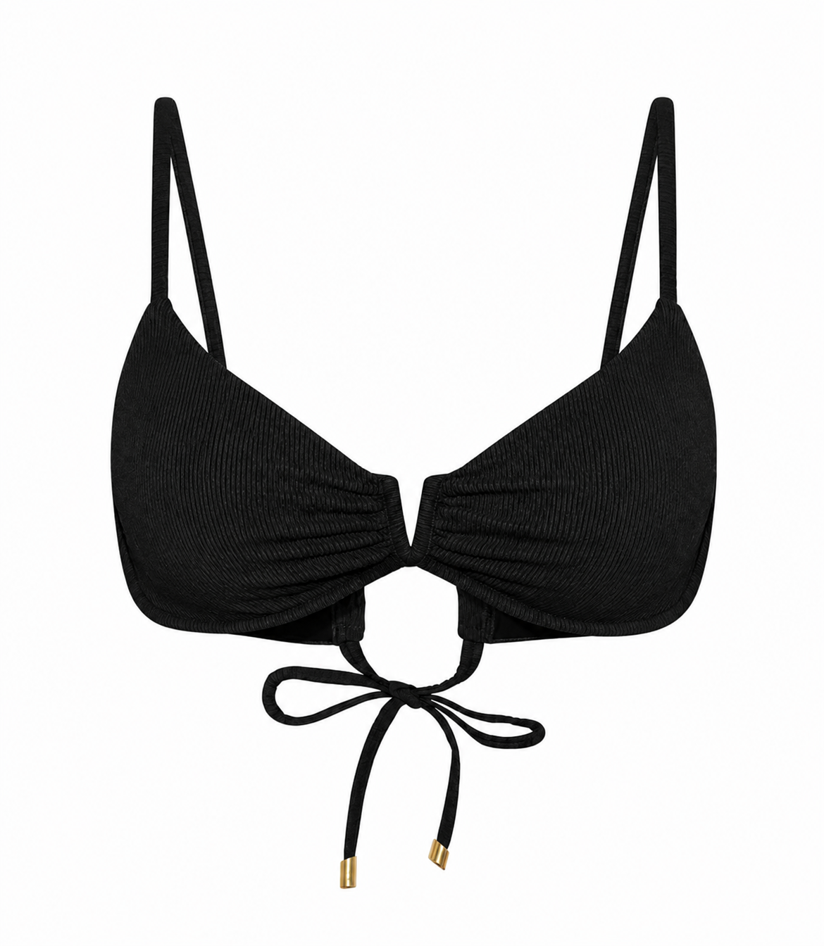 A black ribbed triangle bikini top with thin shoulder straps shown against a plain white background.