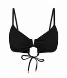 A black ribbed triangle bikini top with thin shoulder straps shown against a plain white background.