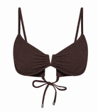 A dark brown textured supportive bikini top against a white background.