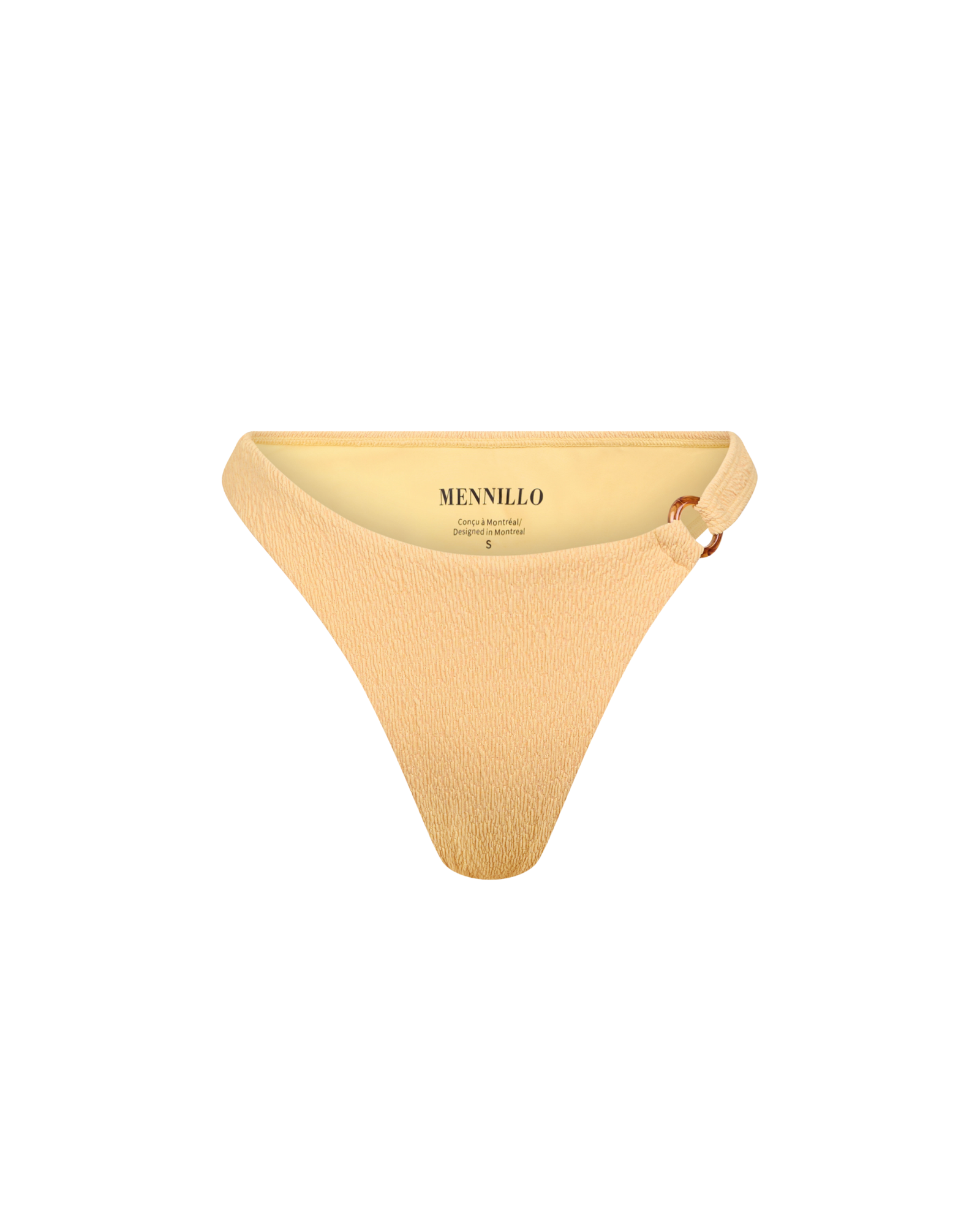 Yellow bikini bottom with 'Mennillo' branding on a white background