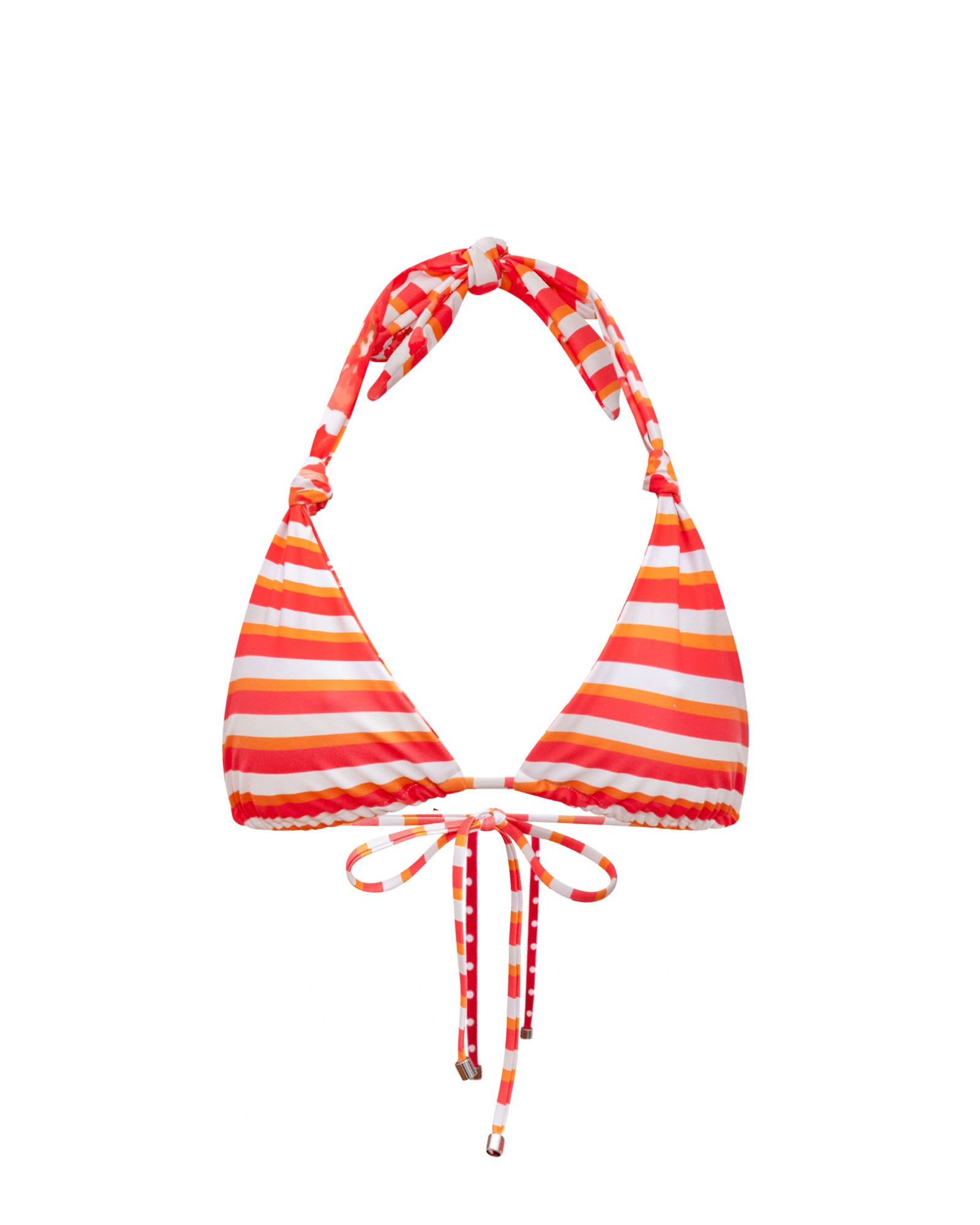 Reversible bikini top render with pink, orange, and white stripes on a white background