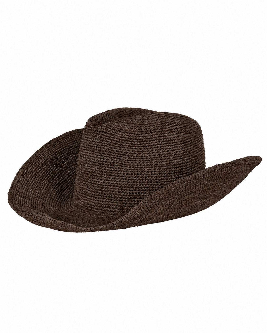 A dark brown raffia cowboy hat shown from a side profile view against a plain white background.