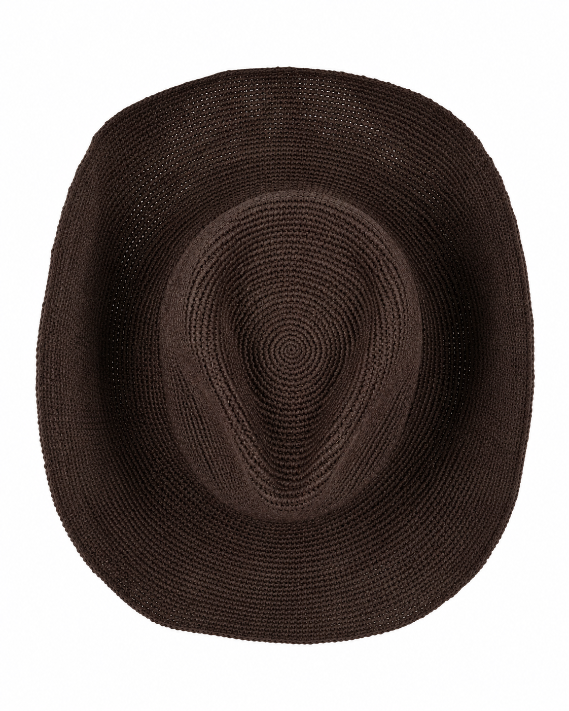A dark brown raffia hat photographed from the top on a plain white background.