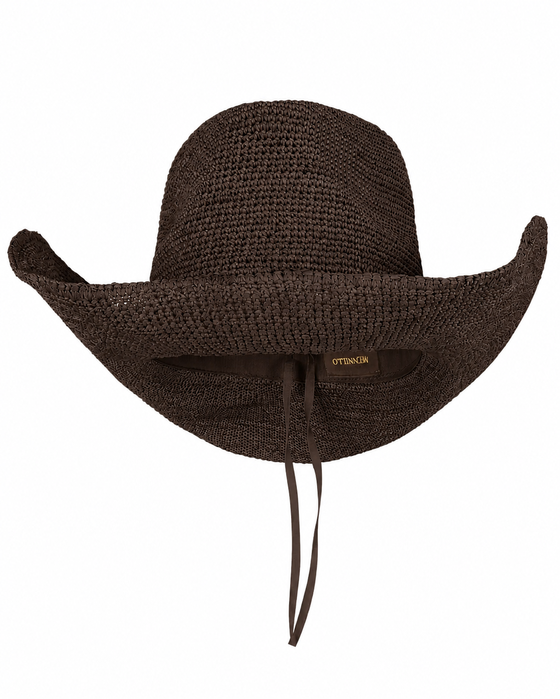 A dark brown espresso cowboy hat with strap and a small brand label on the band, shown against a plain white background.