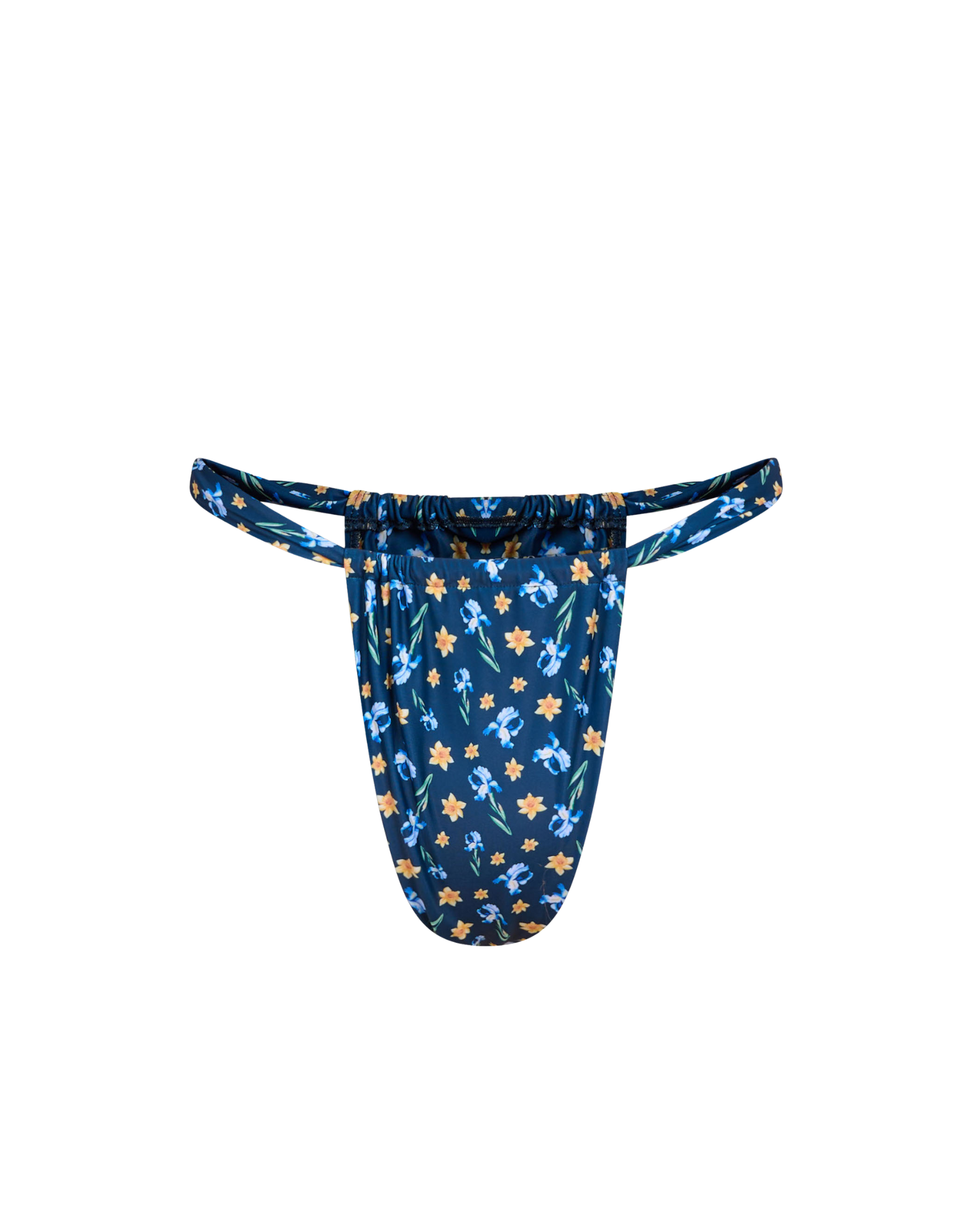 blooming blue bikini bottom behind a white background