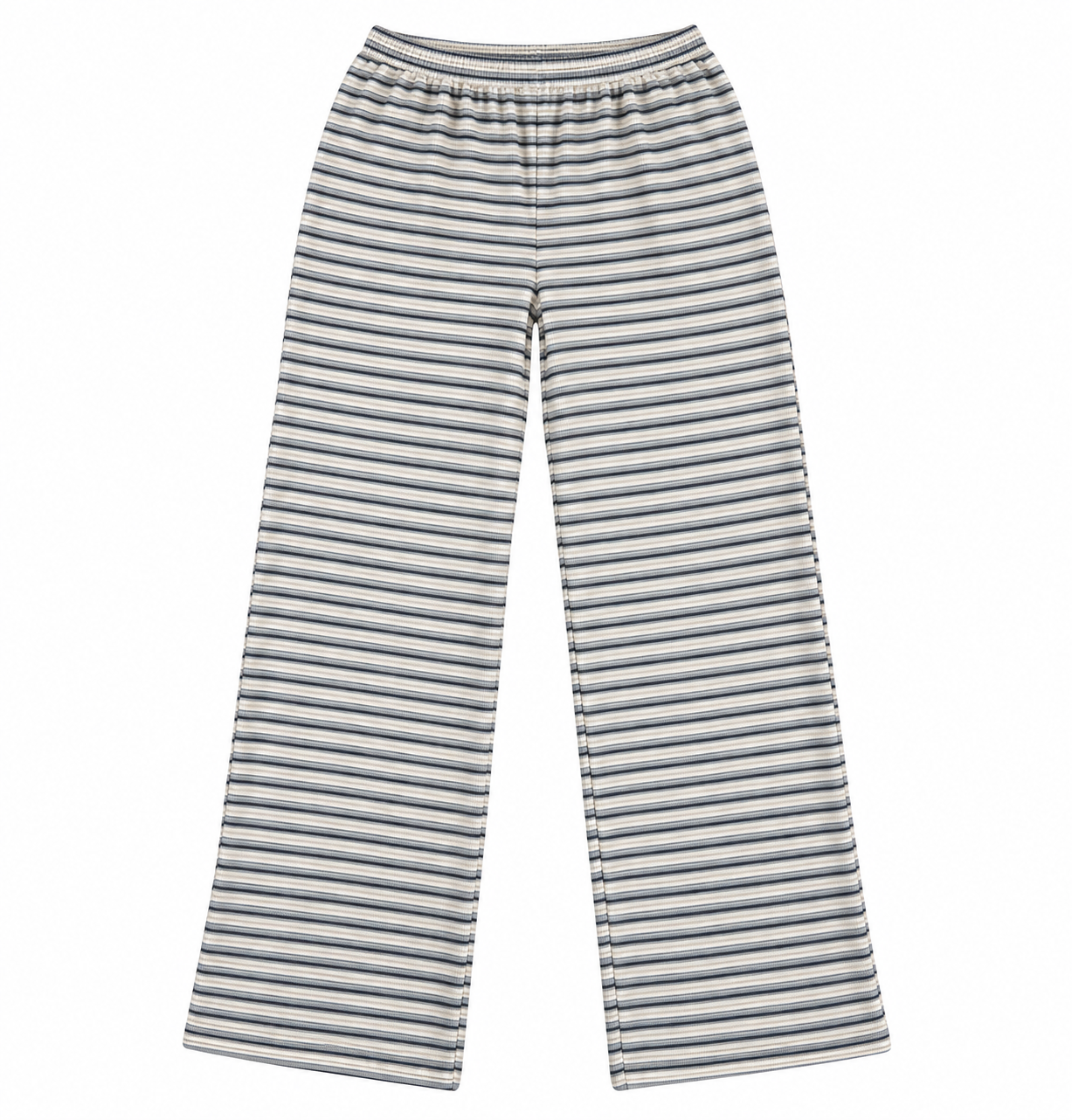 A pair of wide-leg pants featuring a horizontal striped pattern in gray and white, against a white background.