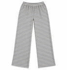 A pair of wide-leg pants featuring a horizontal striped pattern in gray and white, against a white background.
