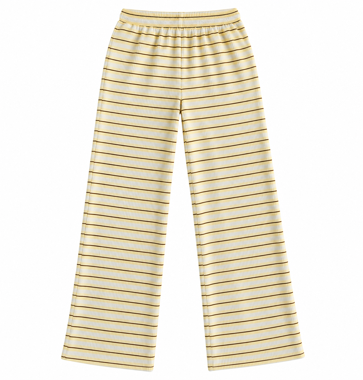 A pair of wide-leg pants featuring a horizontal striped pattern in yellow and white, displayed flat against a white background.
