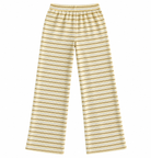 A pair of wide-leg pants featuring a horizontal striped pattern in yellow and white, displayed flat against a white background.