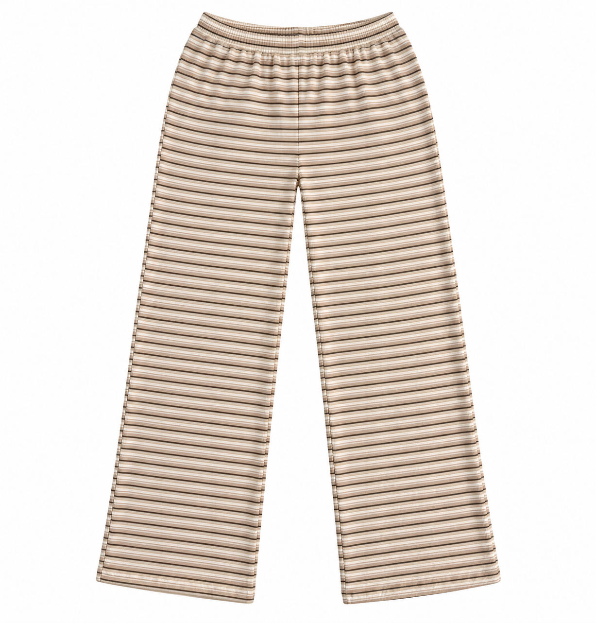 A pair of wide-leg pants with horizontal beige and brown stripes, featuring an elastic waistband, shown flat against a solid white background.