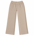 A pair of wide-leg pants with horizontal beige and brown stripes, featuring an elastic waistband, shown flat against a solid white background.