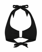 A black ribbed montreal bikini top against a solid white background.