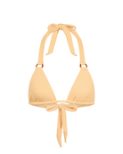 Haut de bikini beige avec bretelles nouées autour du cou sur fond blanc