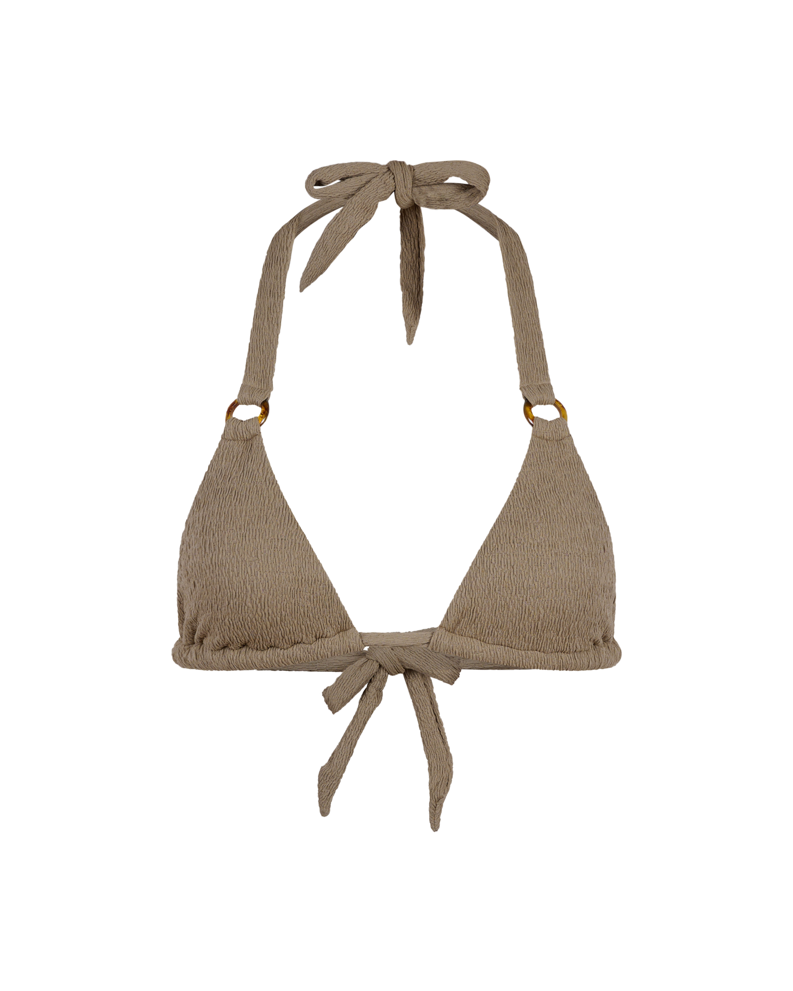 Beige bikini top with halter straps on a white background
