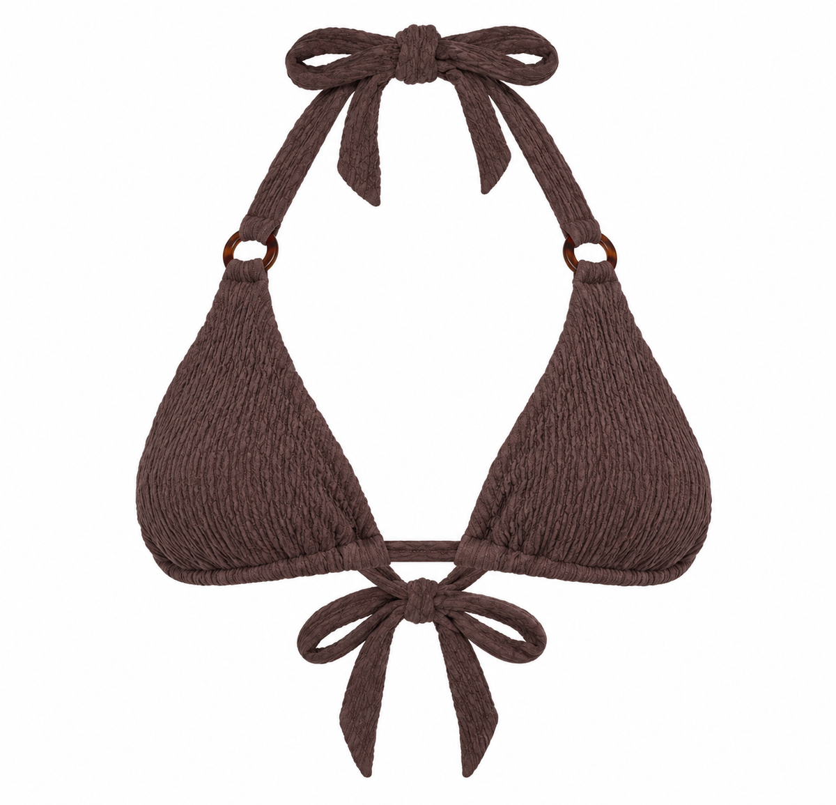 A dark brown textured halter bikini top with a front tie and side ring details, shown flat against a white background.