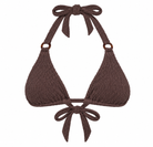A dark brown textured halter bikini top with a front tie and side ring details, shown flat against a white background.