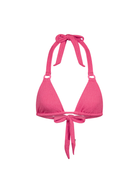 Pink bikini top with tie straps on a white background