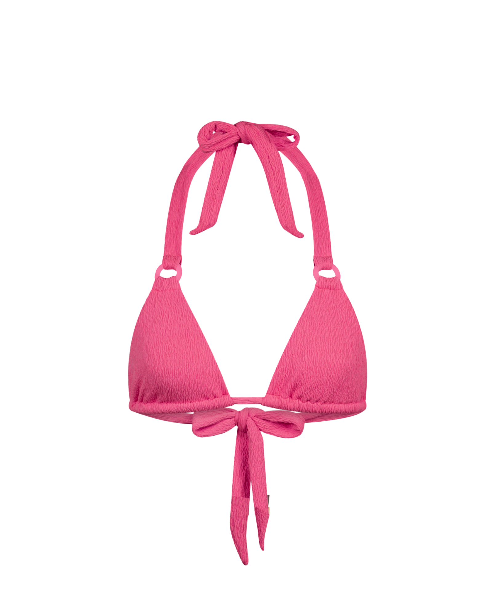 Pink bikini top with tie straps on a white background