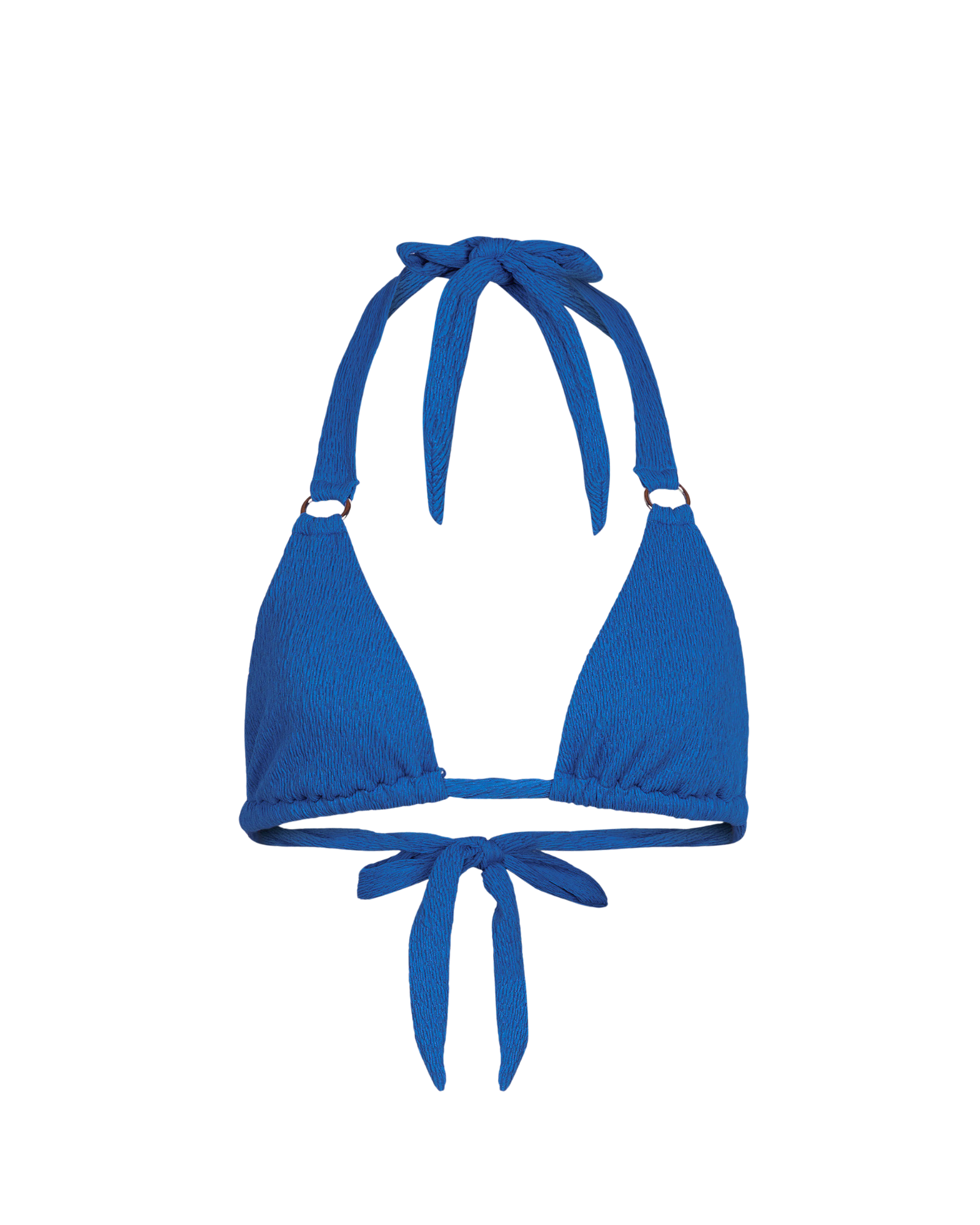 Blue bikini top with ties on a white background