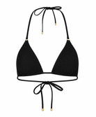 A black triangle ribbed bikini top with thin adjustable neck straps on a plain white background.