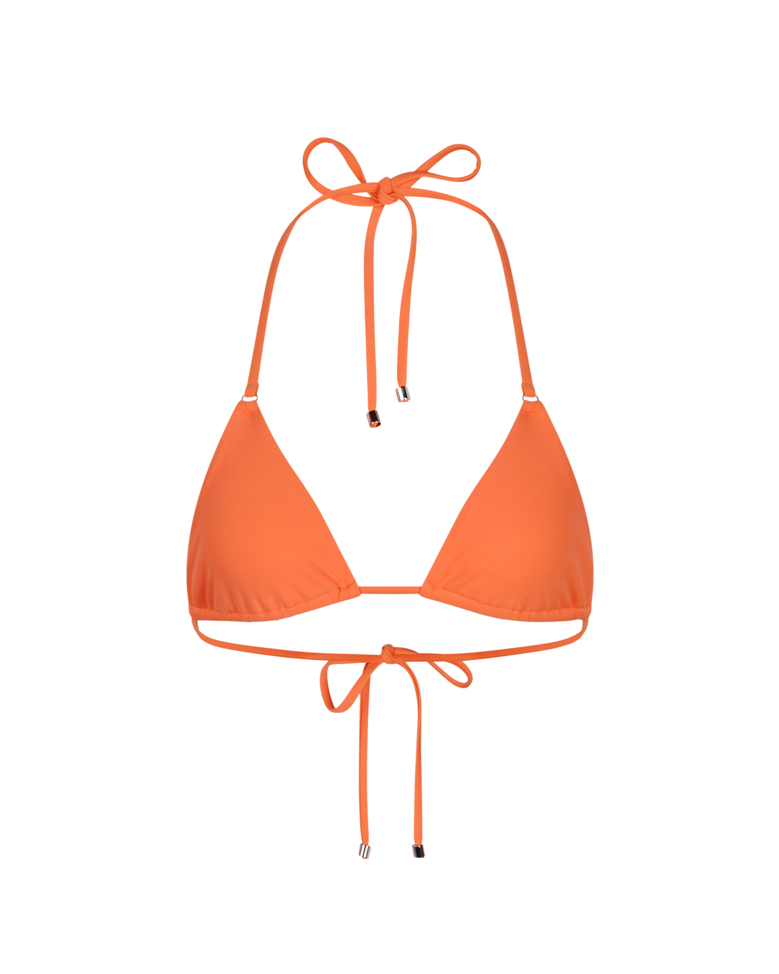 The Layla bikini top in Tangerine, with adjustable ties, from a Canadian brand and displayed on a white background. 