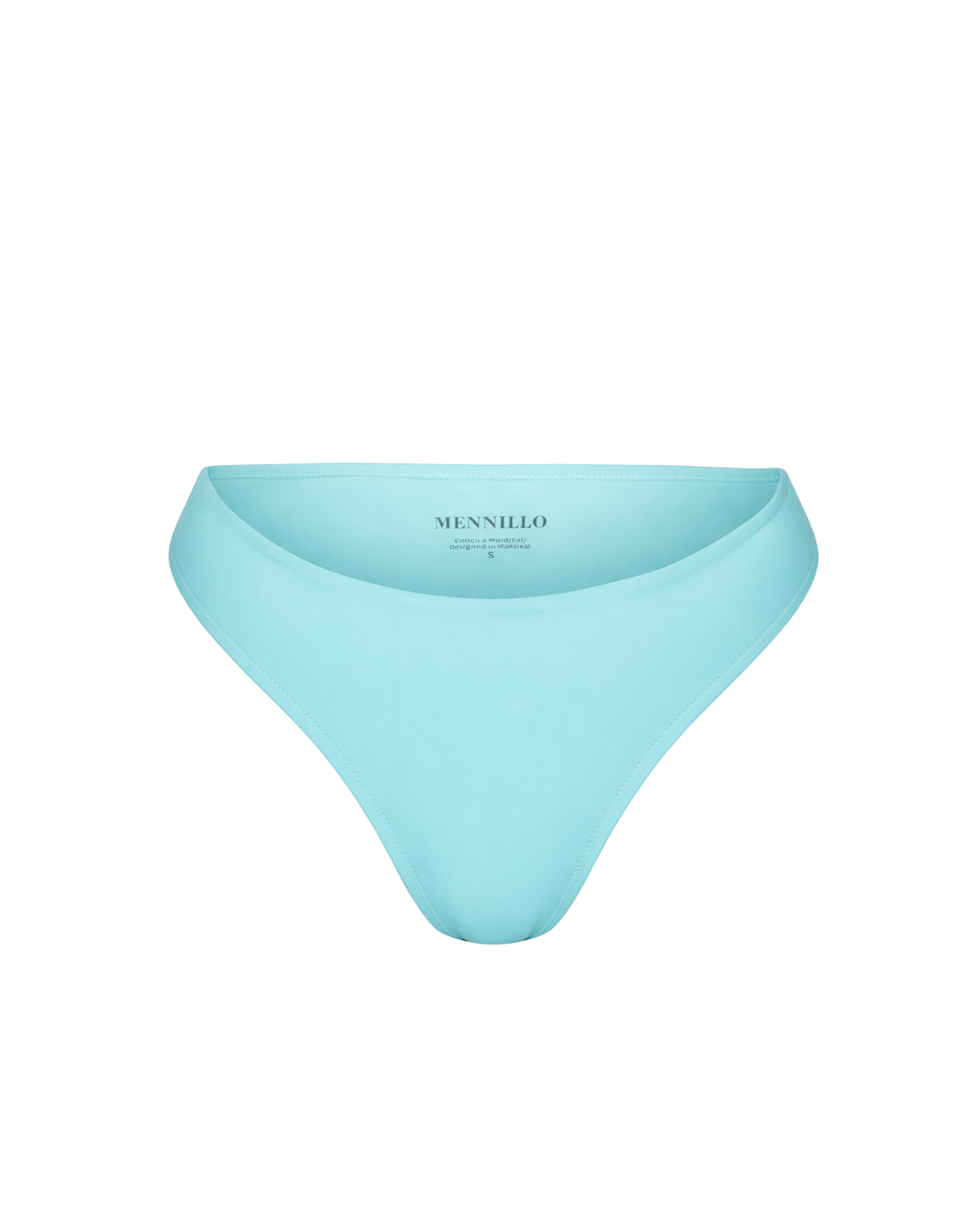Light blue bikini bottom with 'MENILLO' branding on a white background