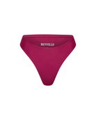 Raspberry cherry matte bikini bottom with 'Mennillo' branding on a white background