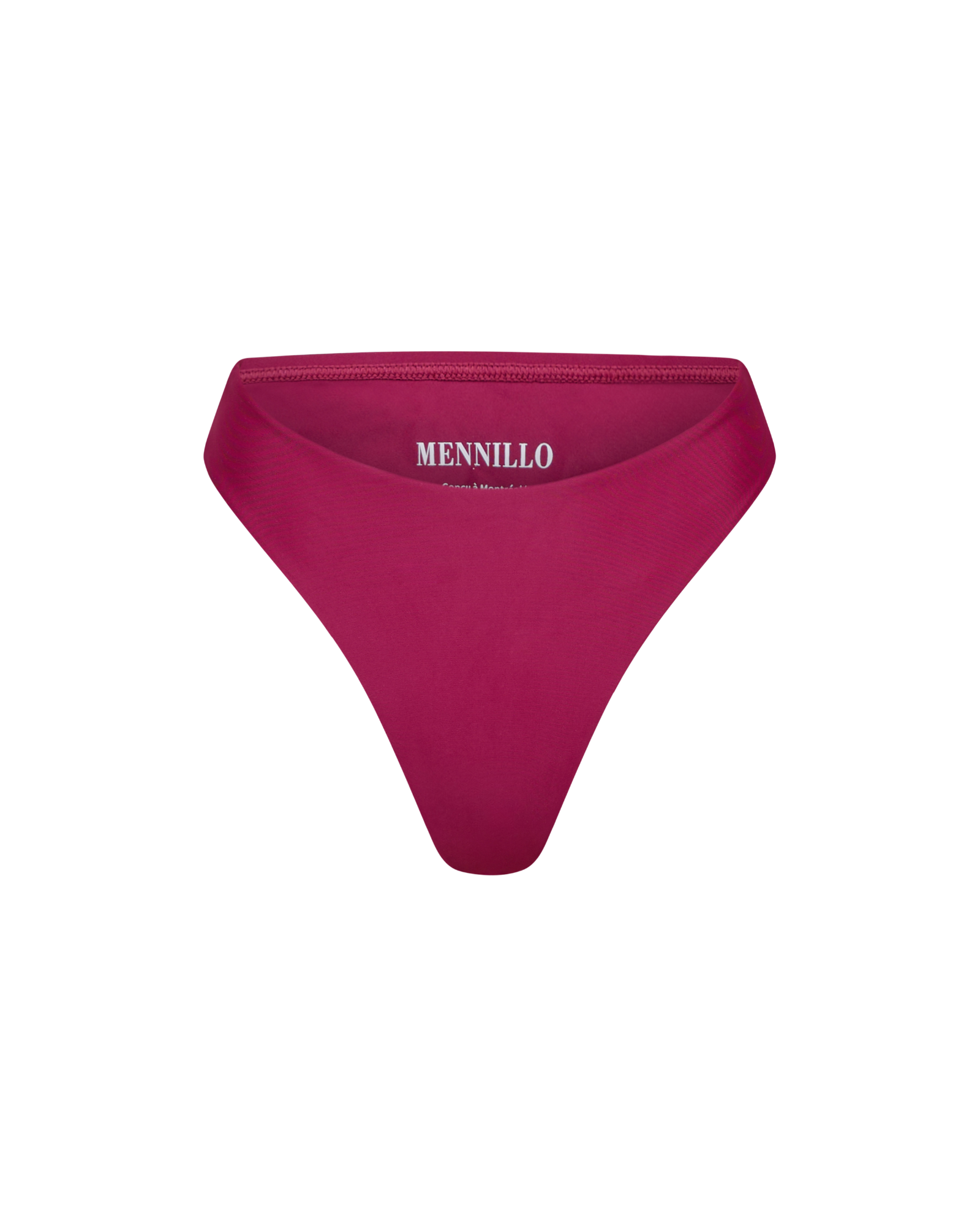 Raspberry cherry matte bikini bottom with 'Mennillo' branding on a white background