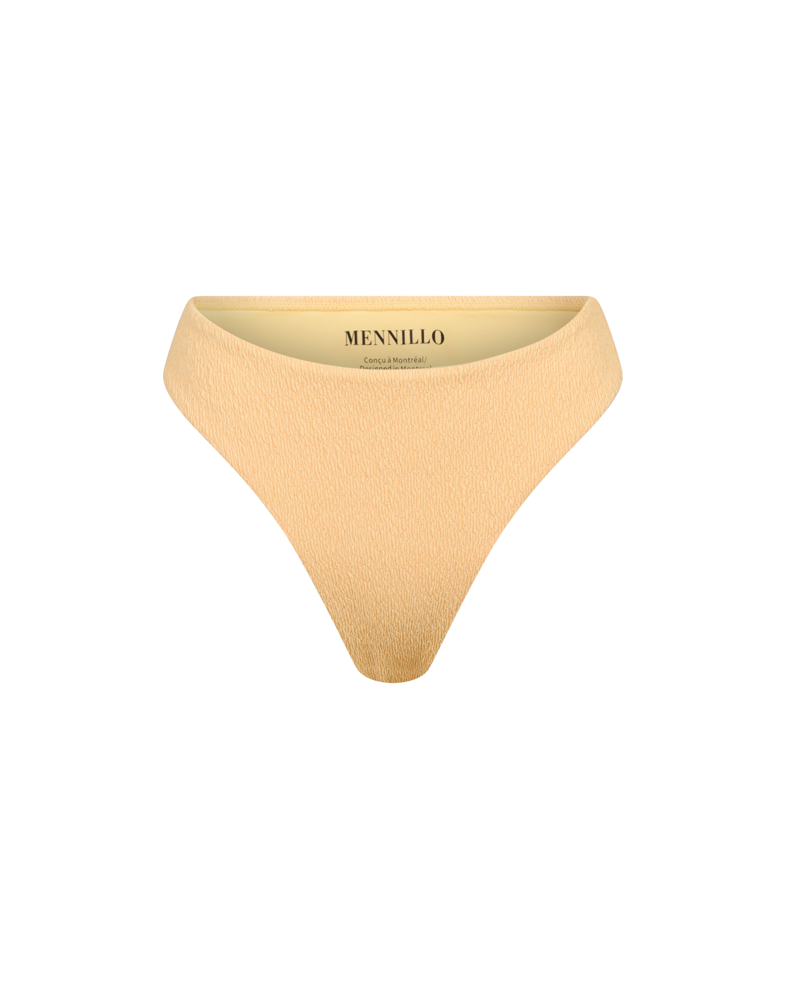 Bas de bikini jaune d’une marque canadienne sur fond blanc