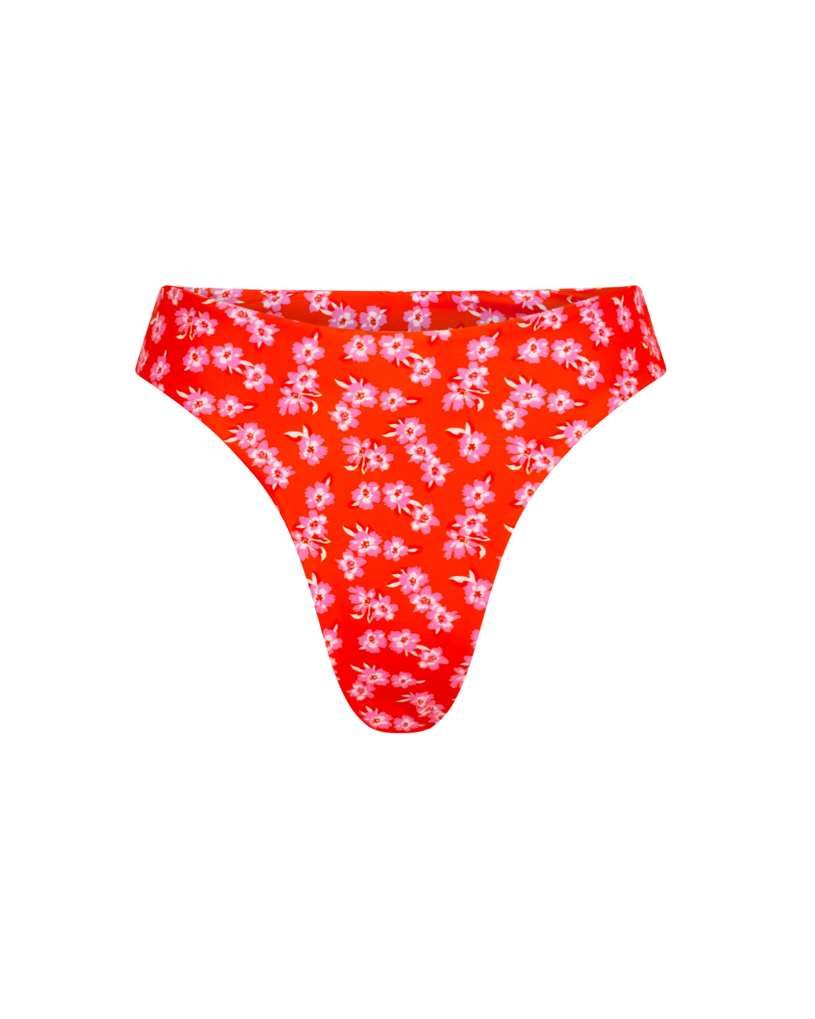 The front of the Marina mid-high waisted bikini bottom in floral red on a white background.