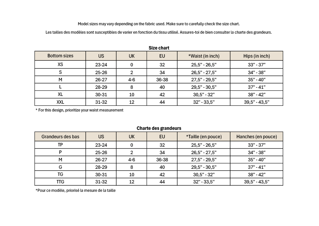 Swimsuit size chart showing bust, waist, and hips measurements in inches.