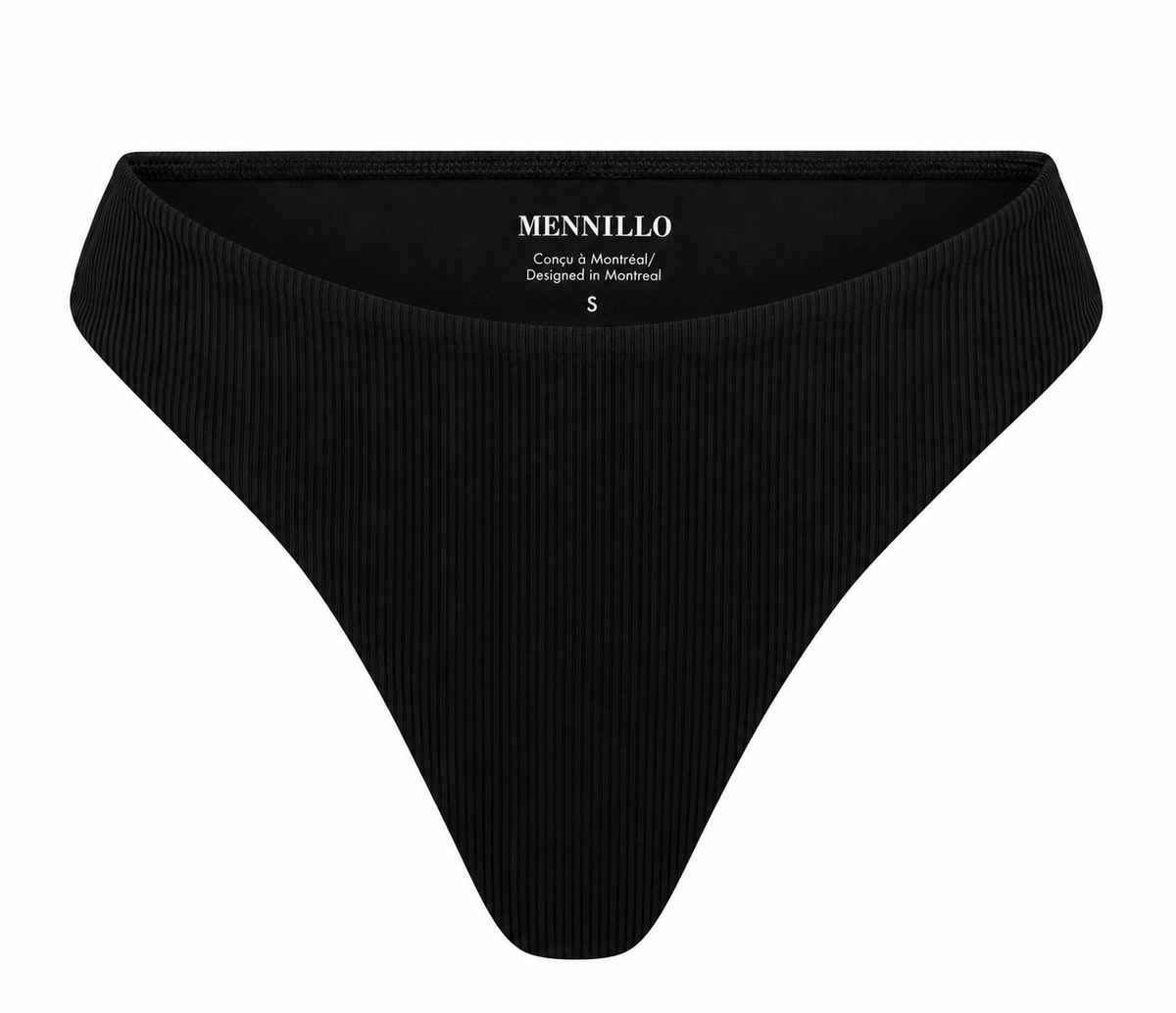 A black crinkle montreal highwaisted bikini bottom with featuring the brand name MENNILLO