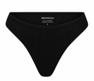A black crinkle montreal highwaisted bikini bottom with featuring the brand name MENNILLO
