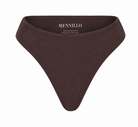 A dark brown crinkle montreal highwaisted bikini bottom with featuring the brand name MENNILLO