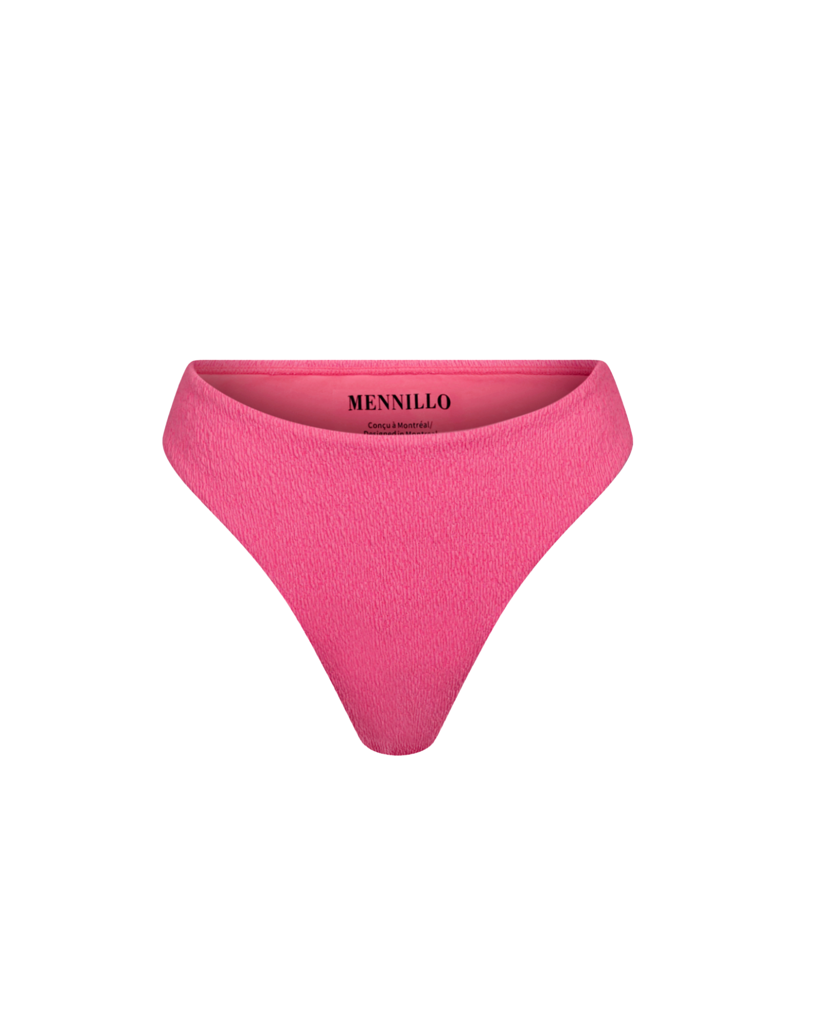 Pink bikini bottom with 'Mennillo' branding on a white background