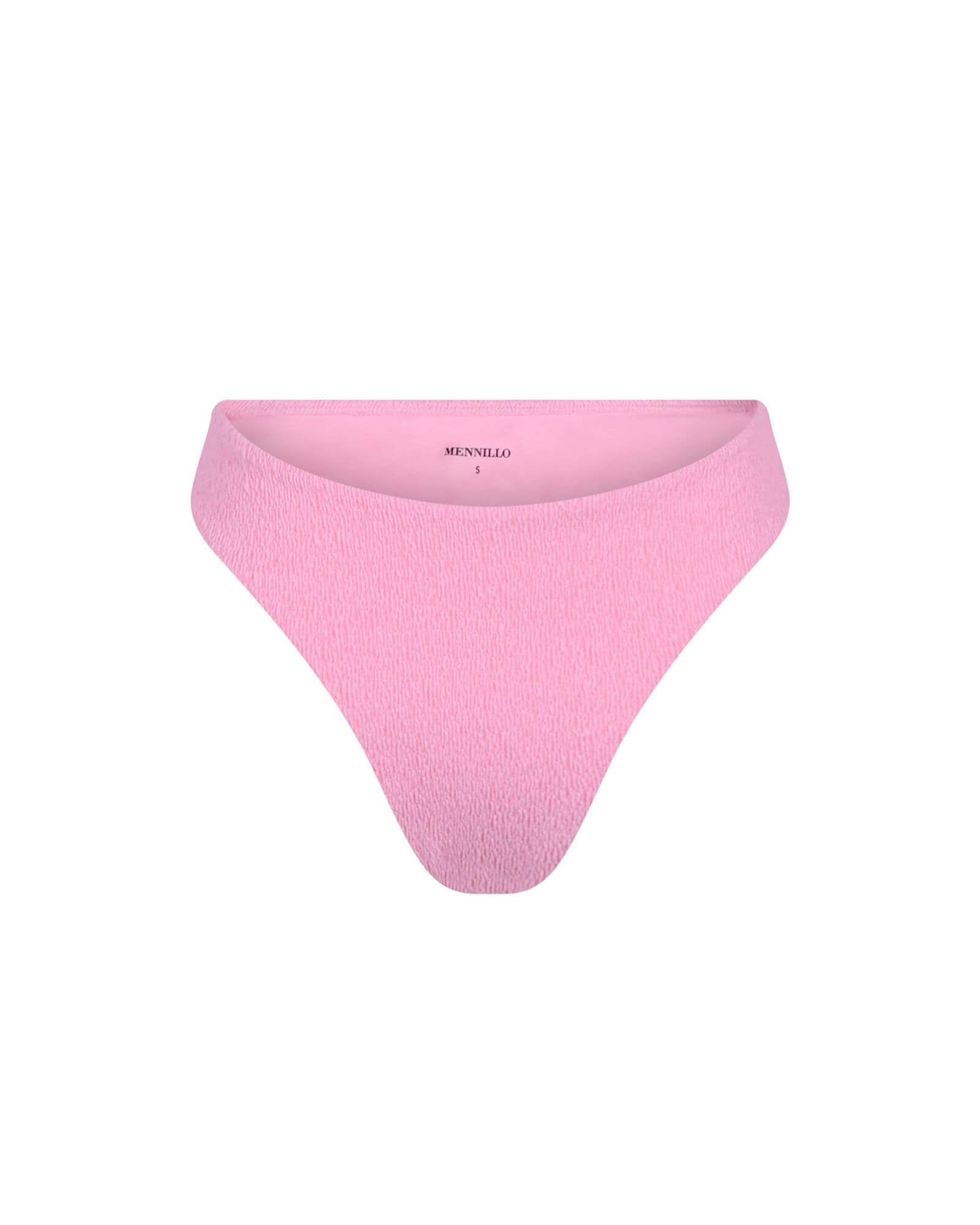 Front picture of the Marina bikini bottom in a light pink crinkle on a white background.