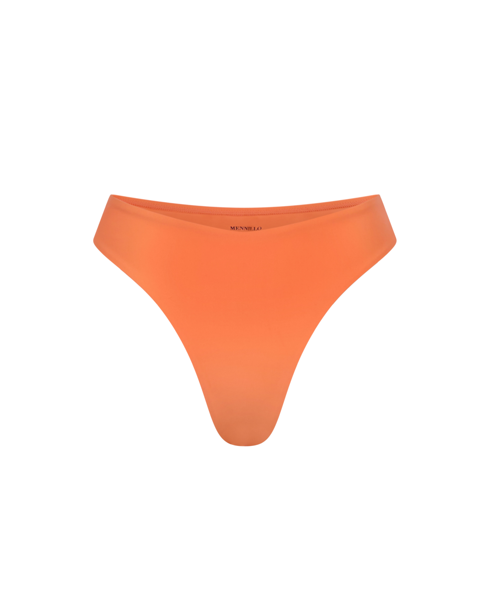 The minimalist Marina bikini bottom in vibrant Tangerine, designed by a Canadian swimwear brand and displayed on a white background. 