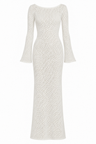 A knit dress with long bell sleeves, a boat neckline against a plain white background.