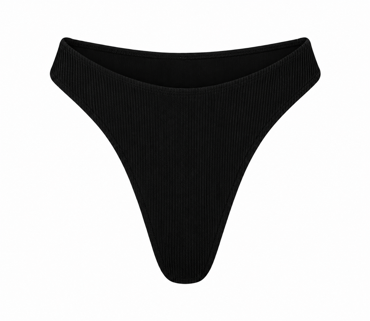 Black ribbed highwaisted bottom photographed against a plain white background.