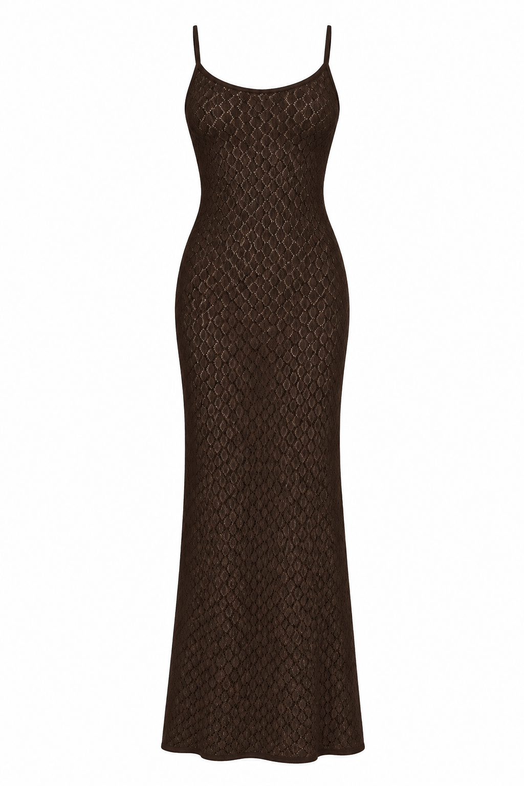 A dark brown dress with a textured, geometric openwork pattern, shown against a plain white background.