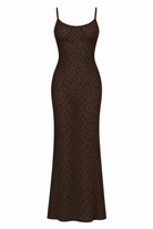 A dark brown dress with a textured, geometric openwork pattern, shown against a plain white background.